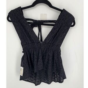 Mod On Trend Black Eyelet Deep V-Neck Babydoll Peplum Tie Back Top Small JT1589A
